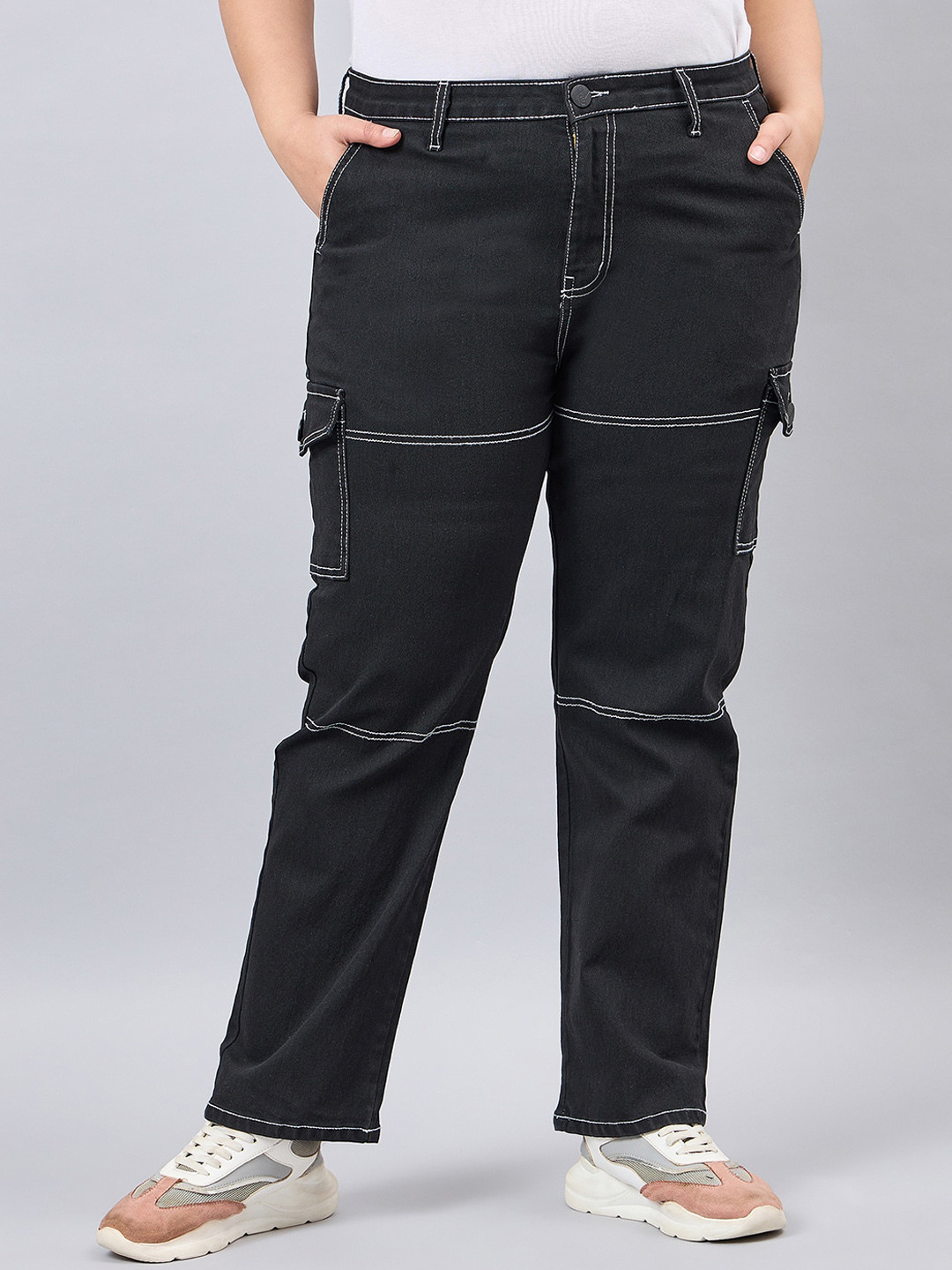 Style Quotient Women Plus Size Black Relaxed Fit High Rise Cotton Cargos Denim Jeans