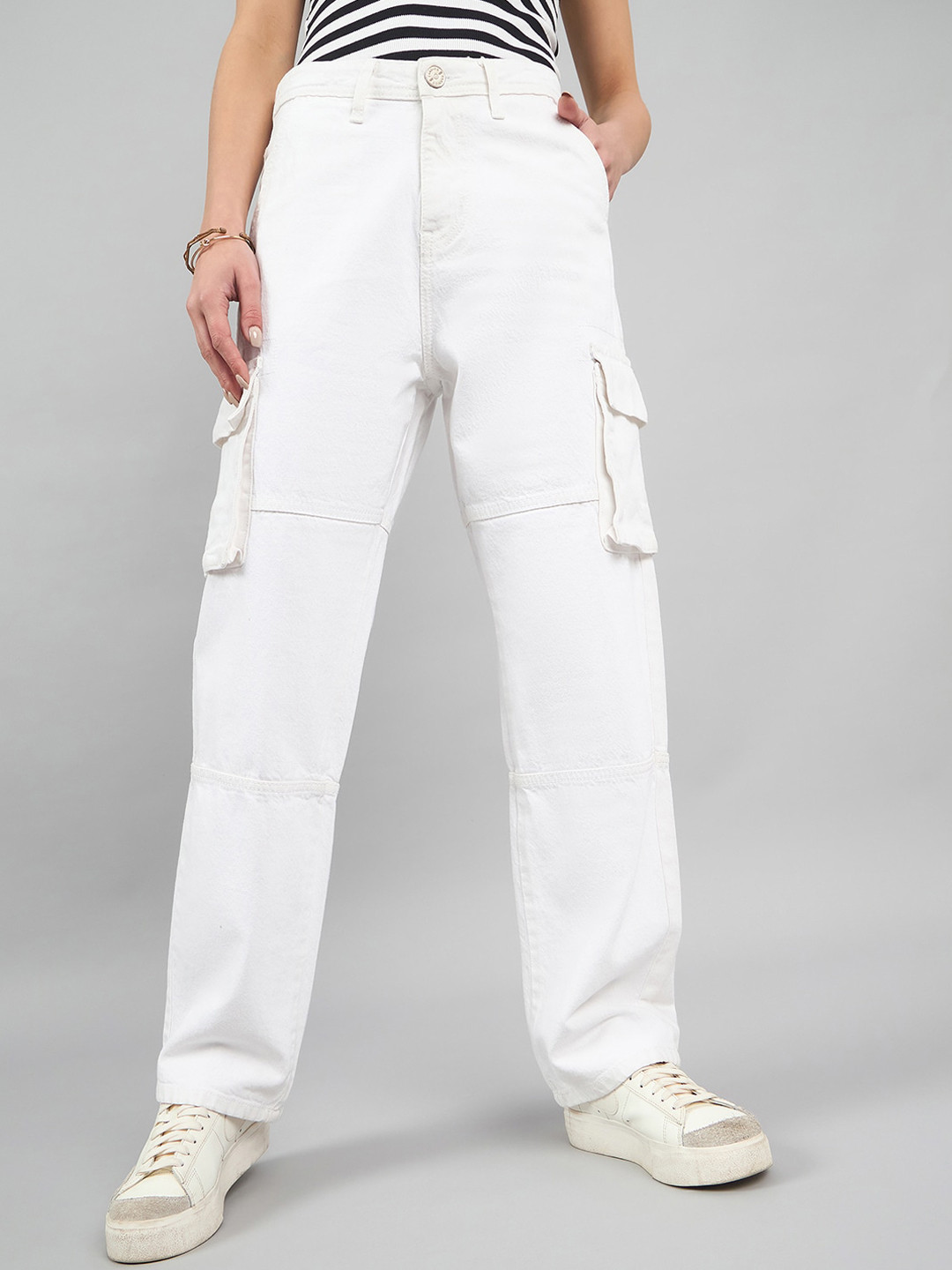 Style Quotient Women White Relaxed Fit High-Rise Cotton Cargos Denim Jeans