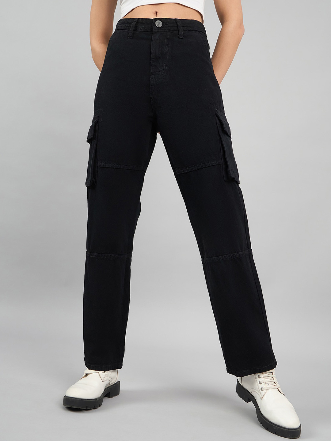 Style Quotient Women Relaxed Straight Fit High-Rise Cargos Denim Jeans