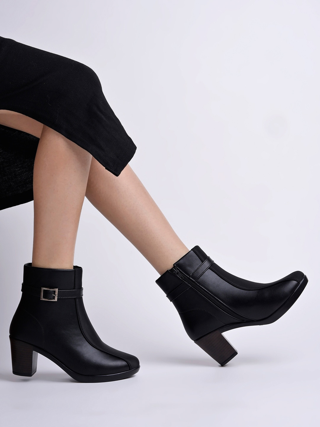 Shoetopia Girls Panelled Buckle-Detail Block-Heeled Zip-Up Boots