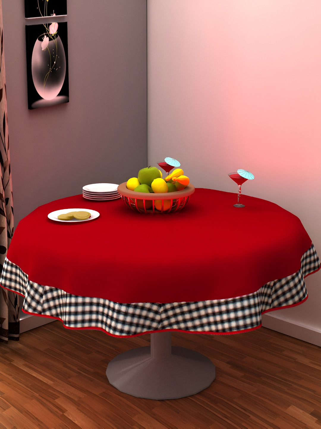 Home Heart Red Cotton Round 4-Seater Table Cover with Patchwork details