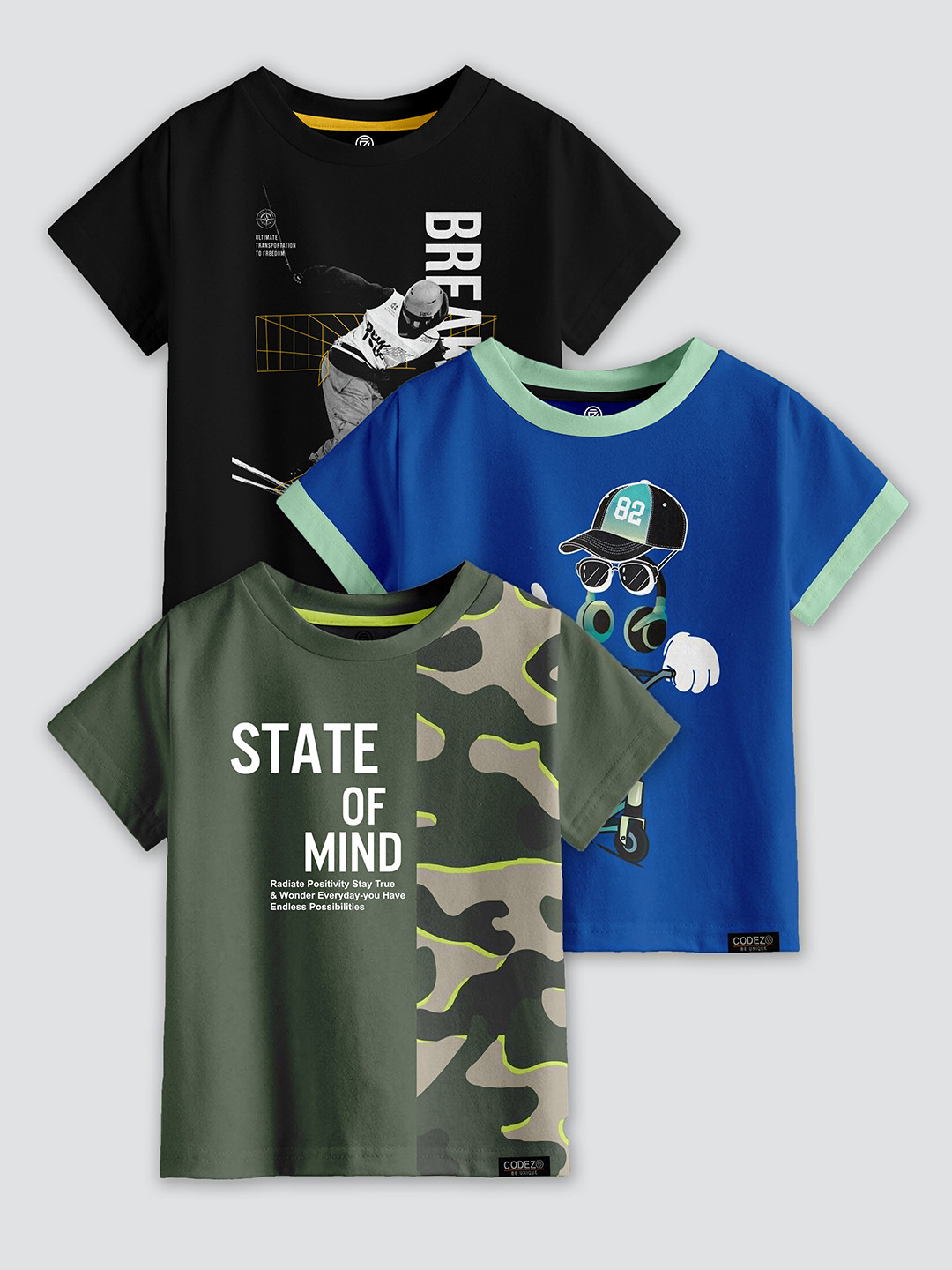 CODEZ Boys 3 Printed Raw Edge T-shirt