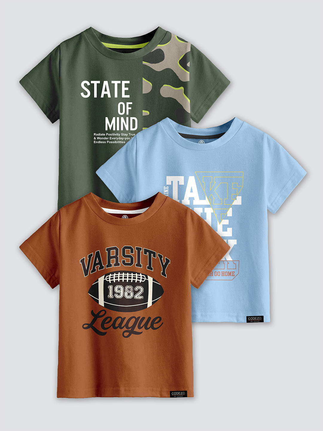 CODEZ Boys Pack of 3 Typography Printed Cotton T-shirt