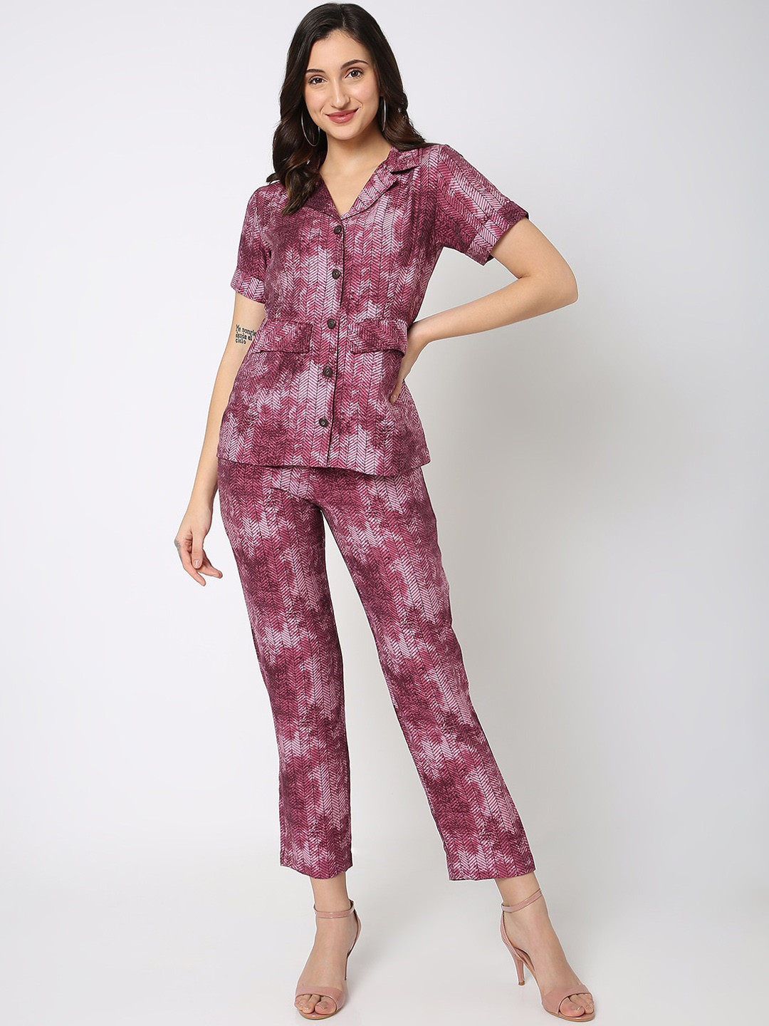NOT SO PINK Printed Notched-Collar Shirt With Trousers Co-Ords
