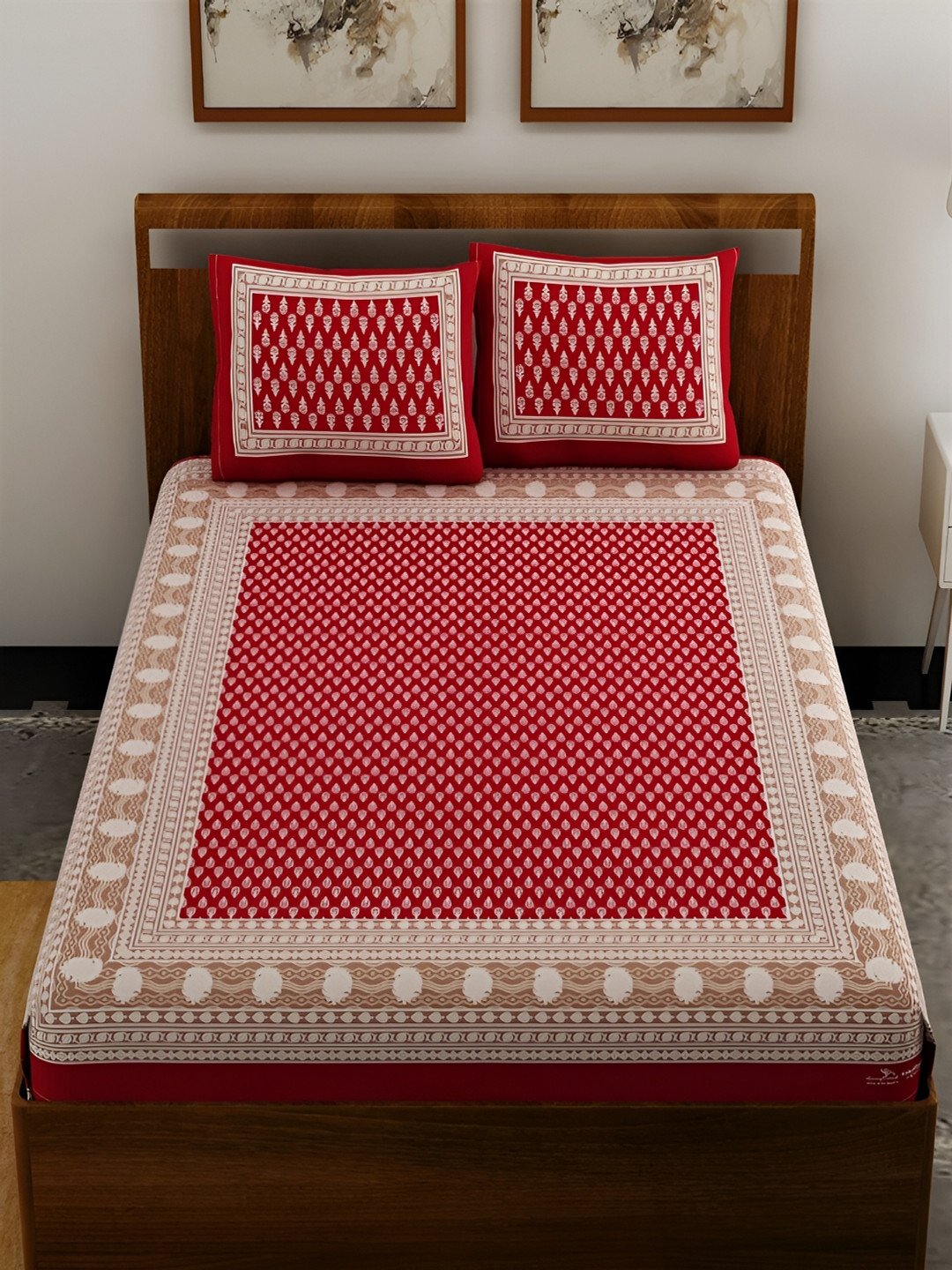 UNIQCHOICE Tinkambuti Red Ethnic Motifs Pure Cotton 120 TC Queen Bedsheet with 2 Pillow Covers-235 x 215 cm
