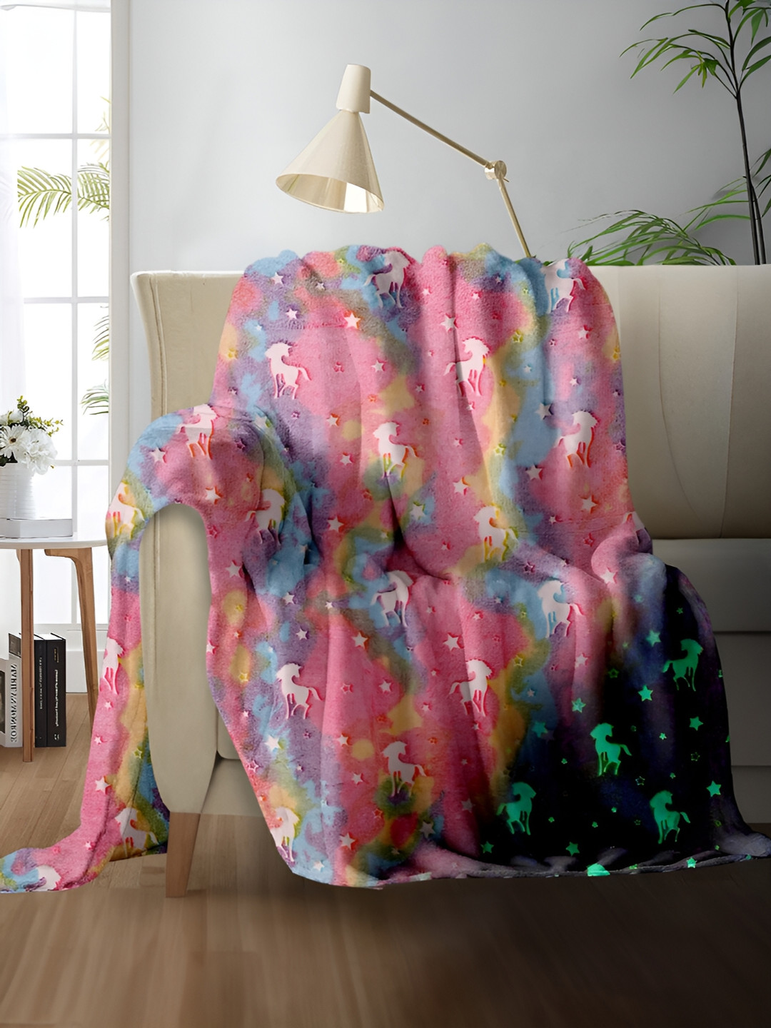 Cortina Glow In The Dark Peach-Coloured & Blue Printed Fleece AC Room Single Bed Blanket