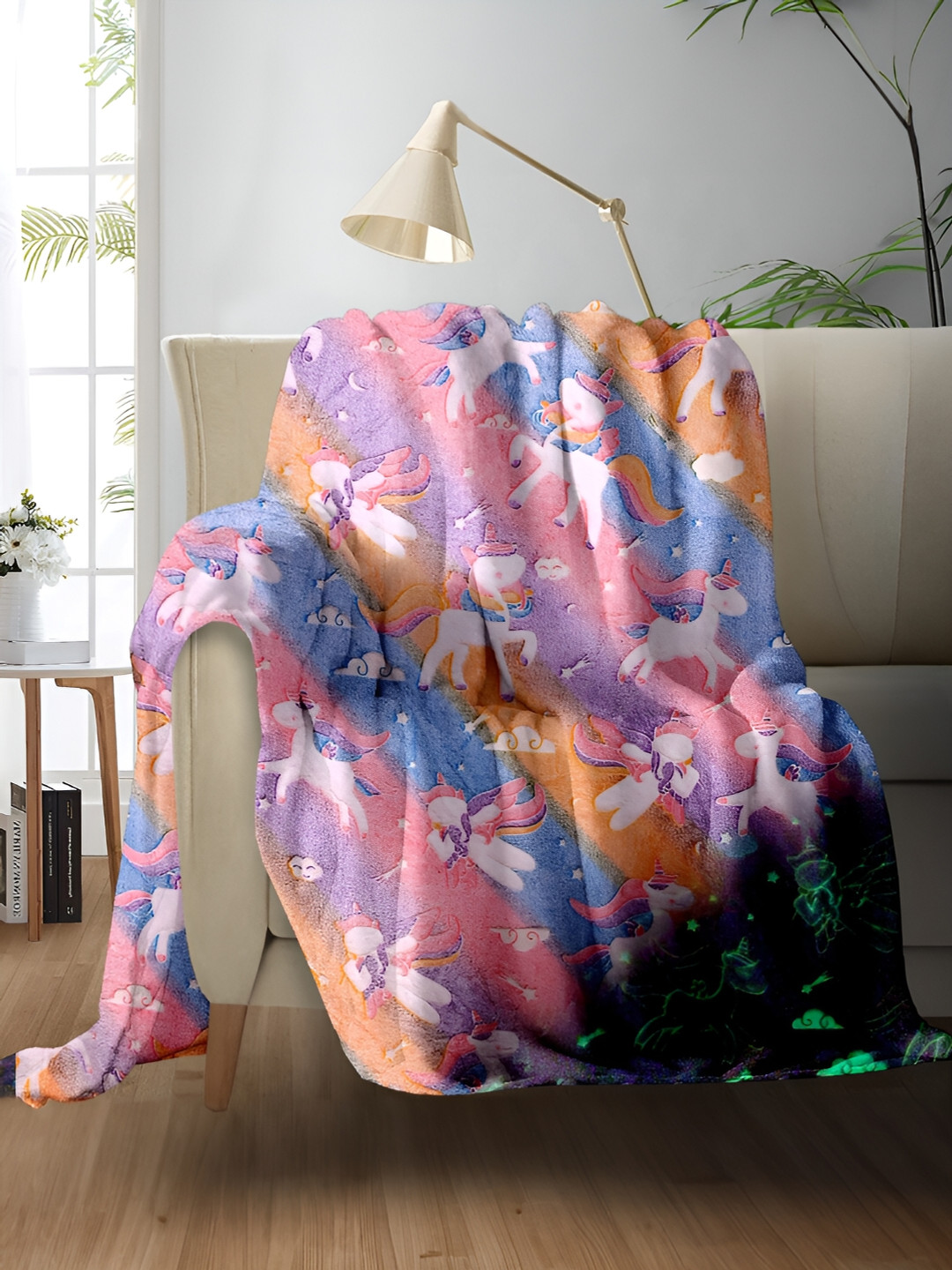 Cortina Glow In The Dark Blue & White Printed Fleece AC Room Single Bed Blanket