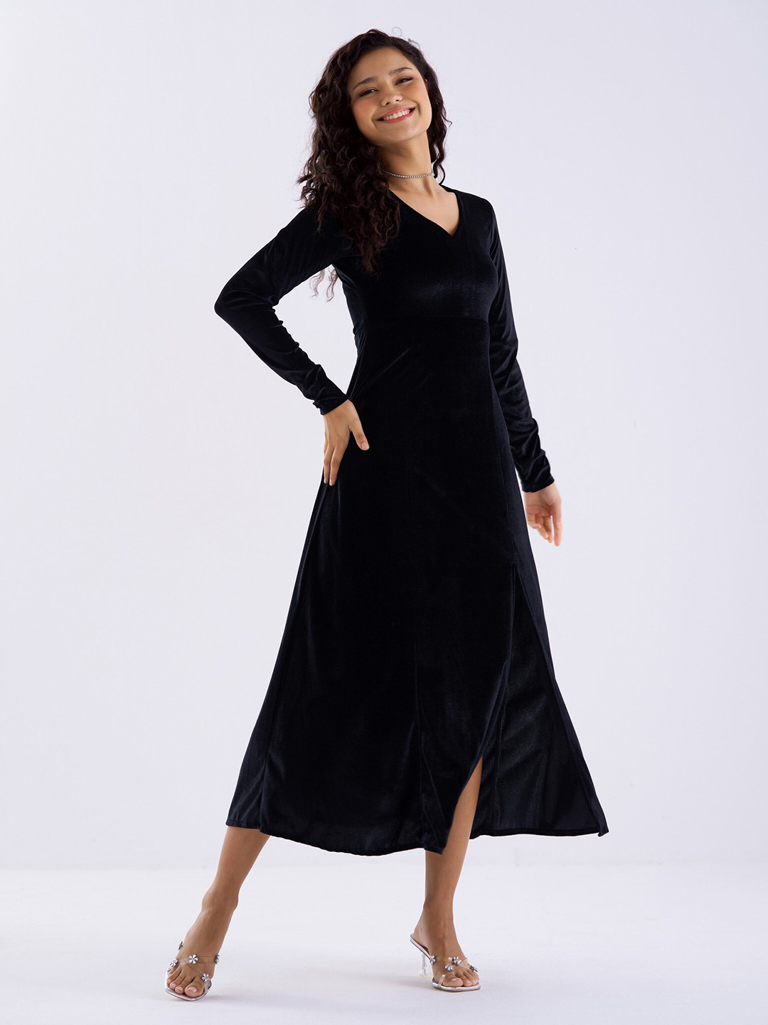 AASK Velvet Fit & Flare Midi Dress