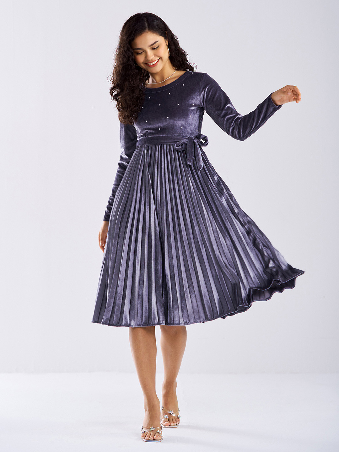 AASK Velvet Fit & Flare Midi Dress