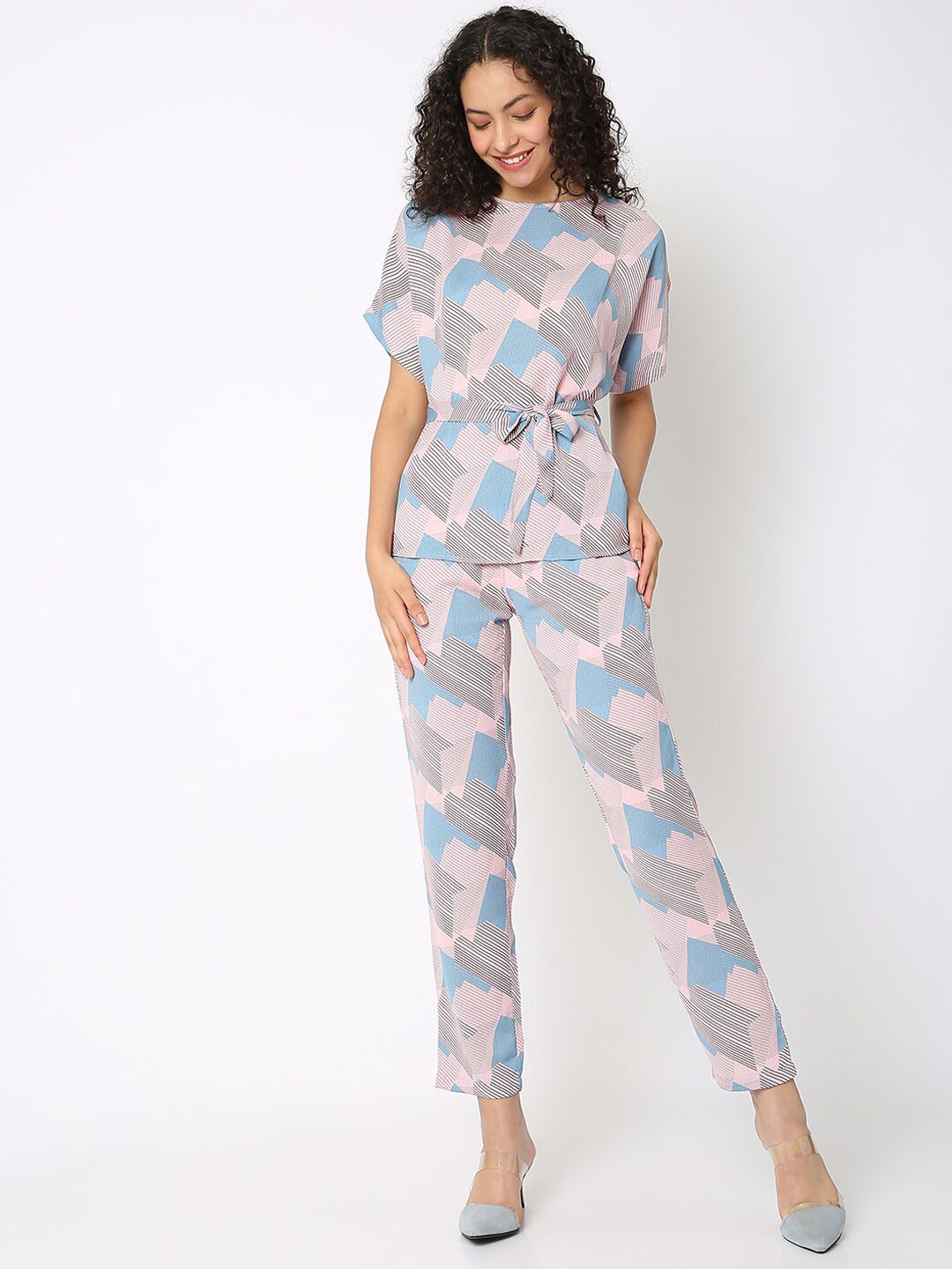 NOT SO PINK Geometric Printed Boat Neck Top With Trousers