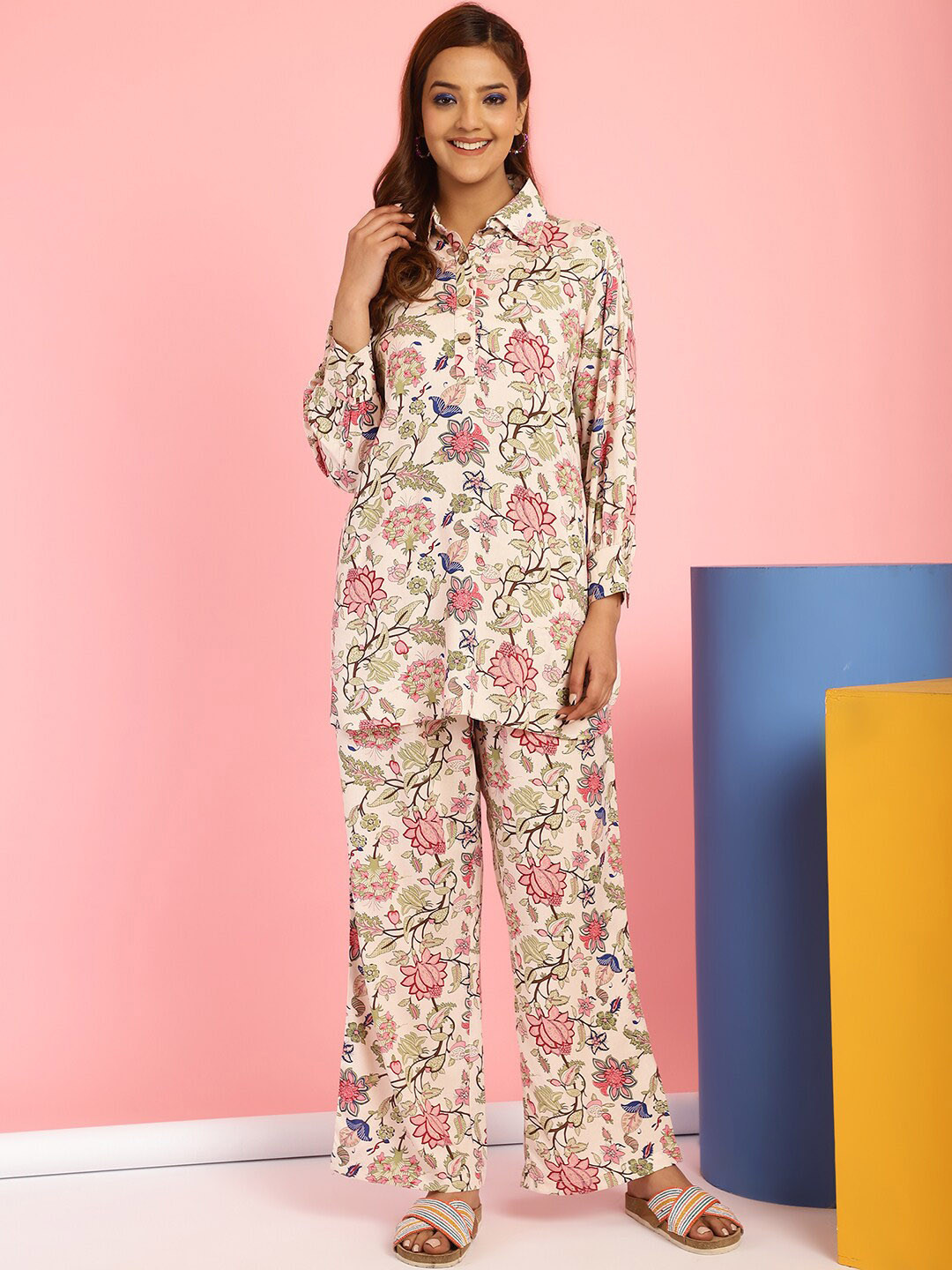 Secret Wish Printed Shirt Collar Tunic With Trousers