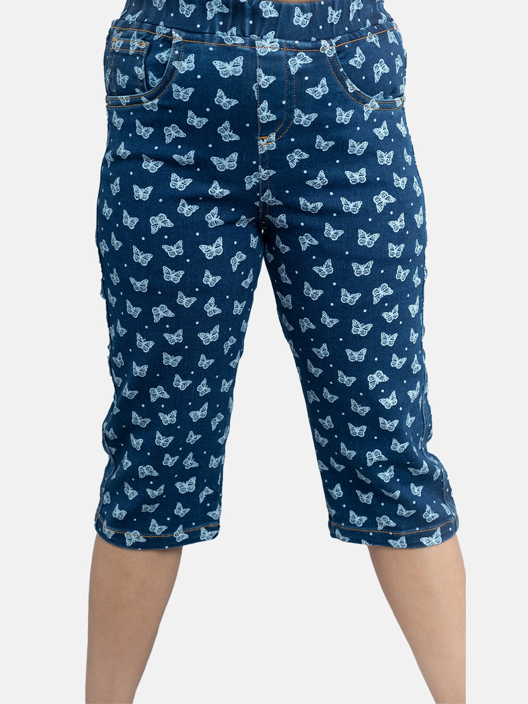 KiddoPanti Girls Printed Denim Capri Jeggings
