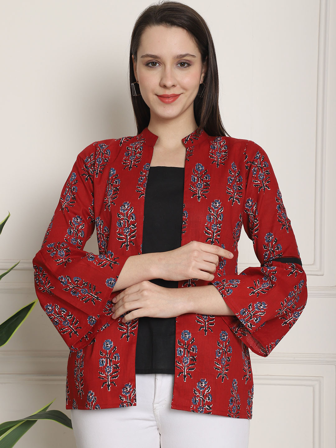 KALINI Floral Print Mandarin Collar Bell Sleeve A-Line Cotton Top
