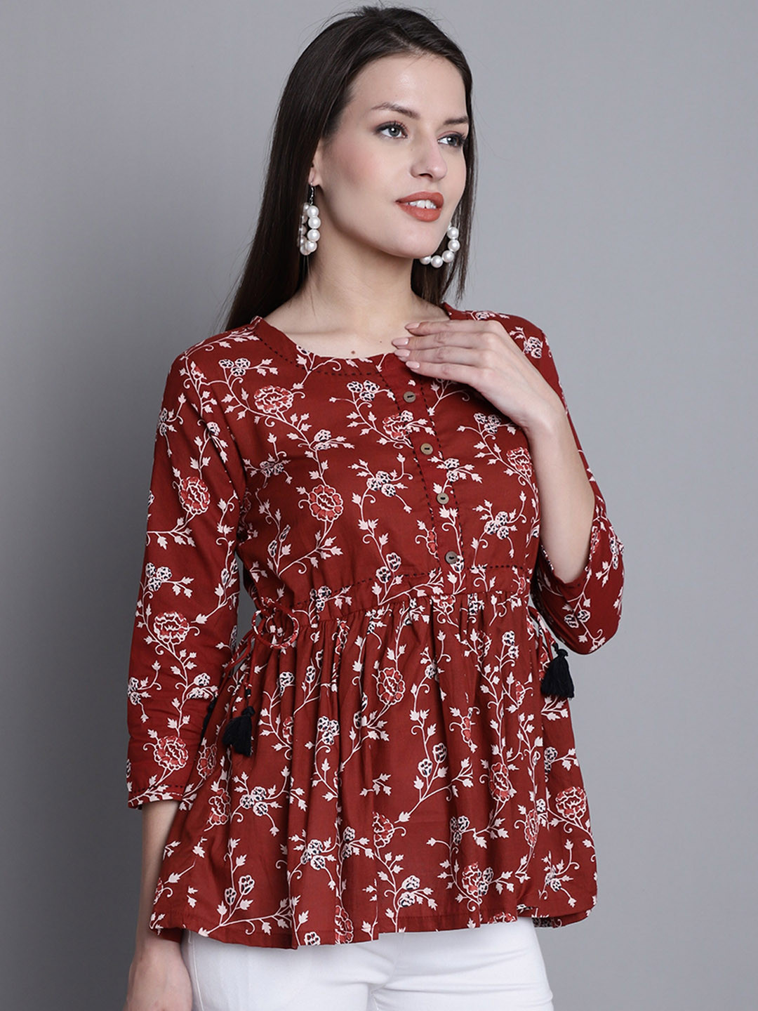 KALINI Floral Printed Round Neck Gathered A-Line Cotton Top
