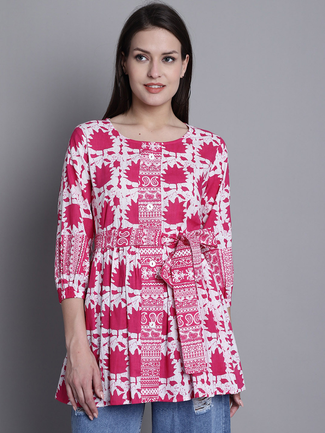 KALINI Ethnic Motifs Printed Puff Sleeve Waist Tie-Ups Cotton A-Line Top