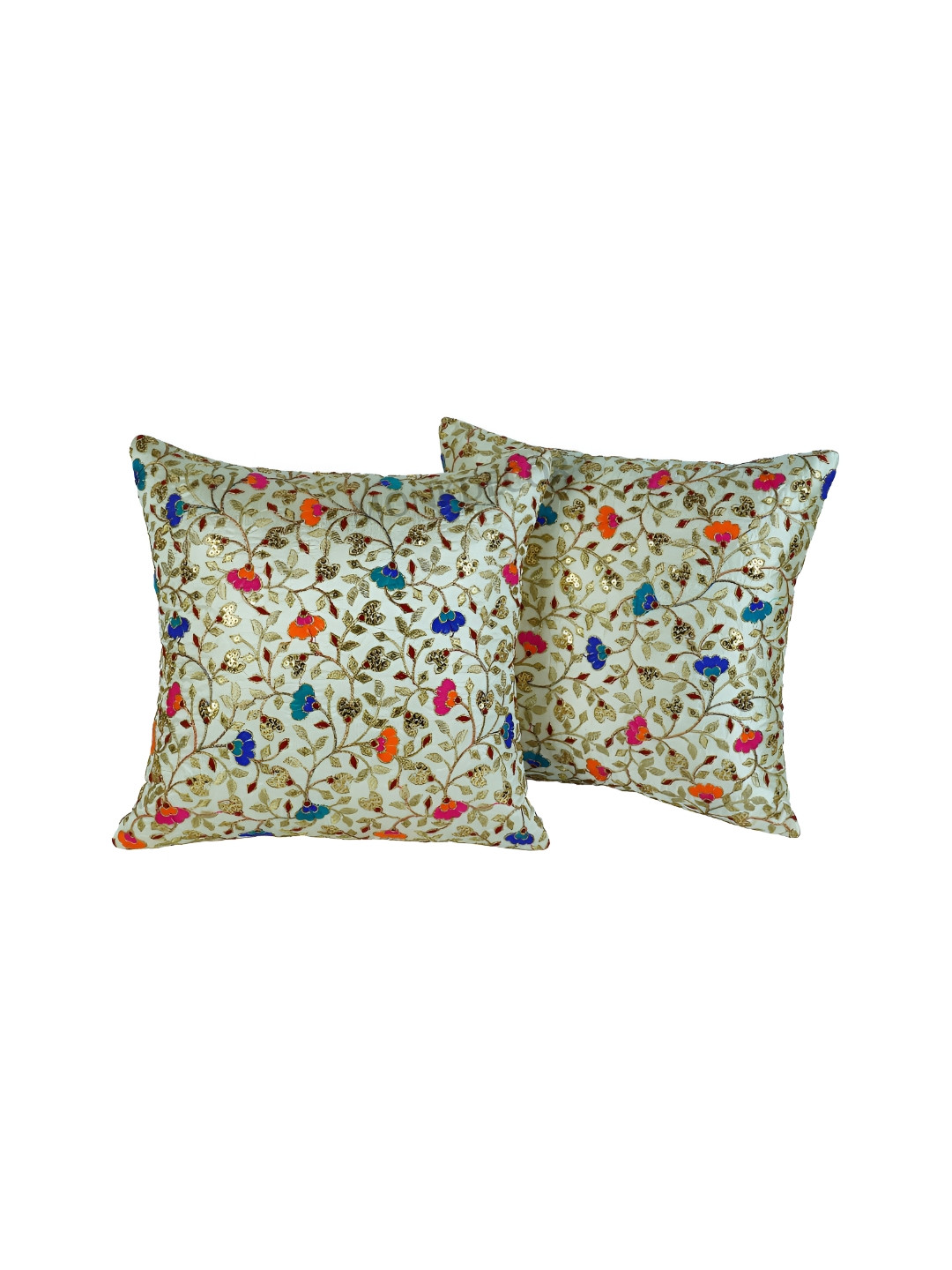 TANLOOMS White Silk Durable 2 Piece Embellished Square Cushion Covers -16x16In