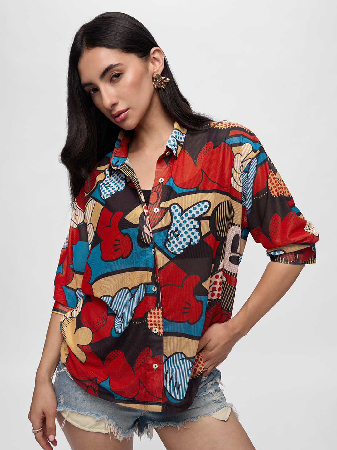 The Souled Store Red & Blue Mickey Mouse Abstract Printed Pure Cotton Casual Shirt