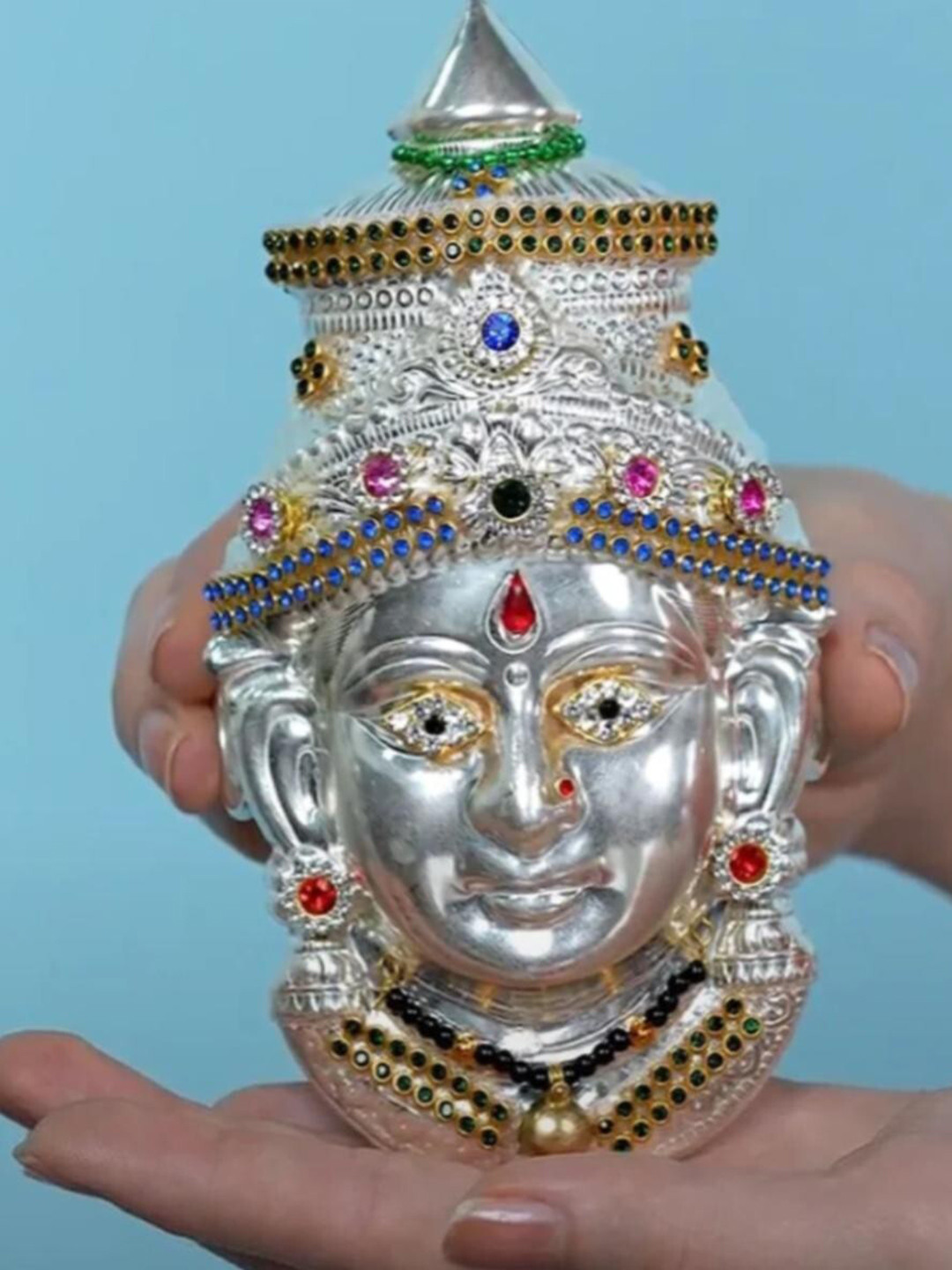 Sigaram Silver Toned & Blue Textured Lakshmi Face Mukoot