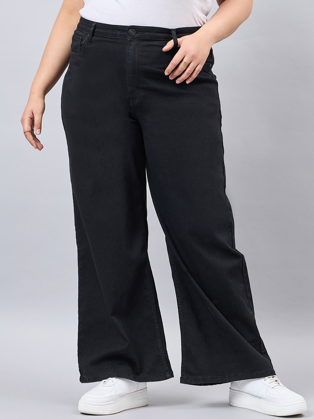 Style Quotient Women Plus Size Black Wide Leg High Rise Stretchable Denim Jeans