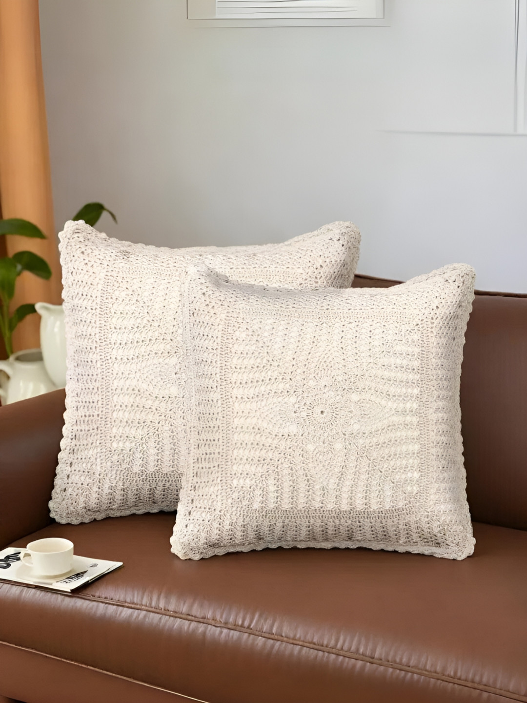 Peepul Tree Crochet Off White Cotton 2 Piece Patchwork Square Cushion Covers -16x16In