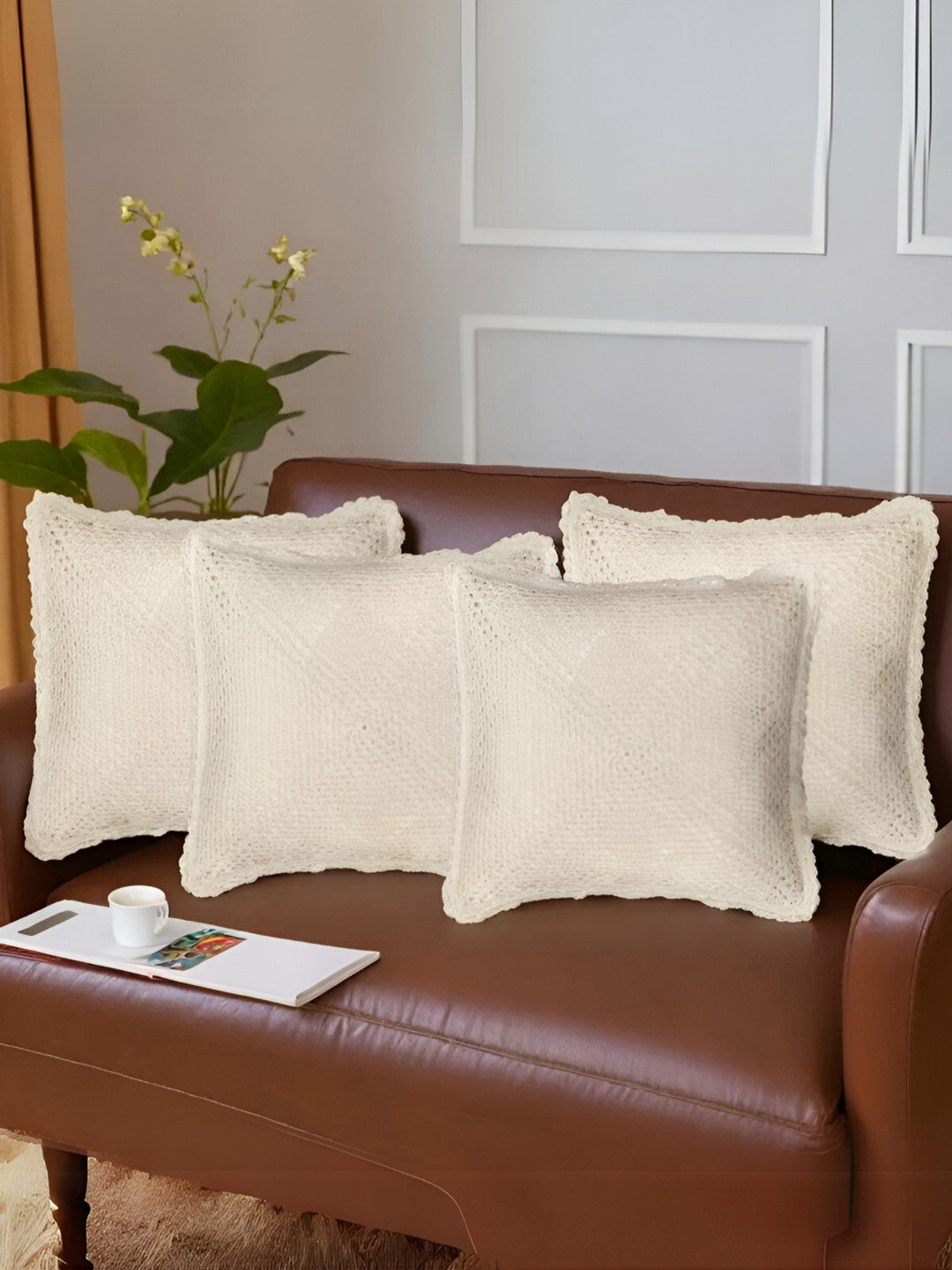 Peepul Tree Off White Set of 4 Floral Square Cushion Covers