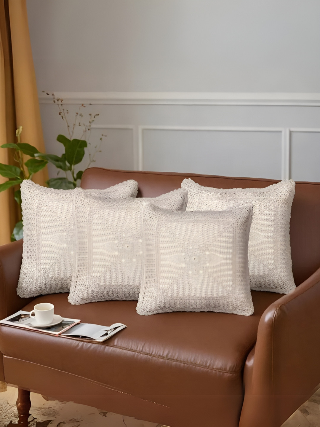 Peepul Tree Crochet Floral Cotton Lightweight 4 Pcs Patchwork Cushion Covers - 15.7x15.7In