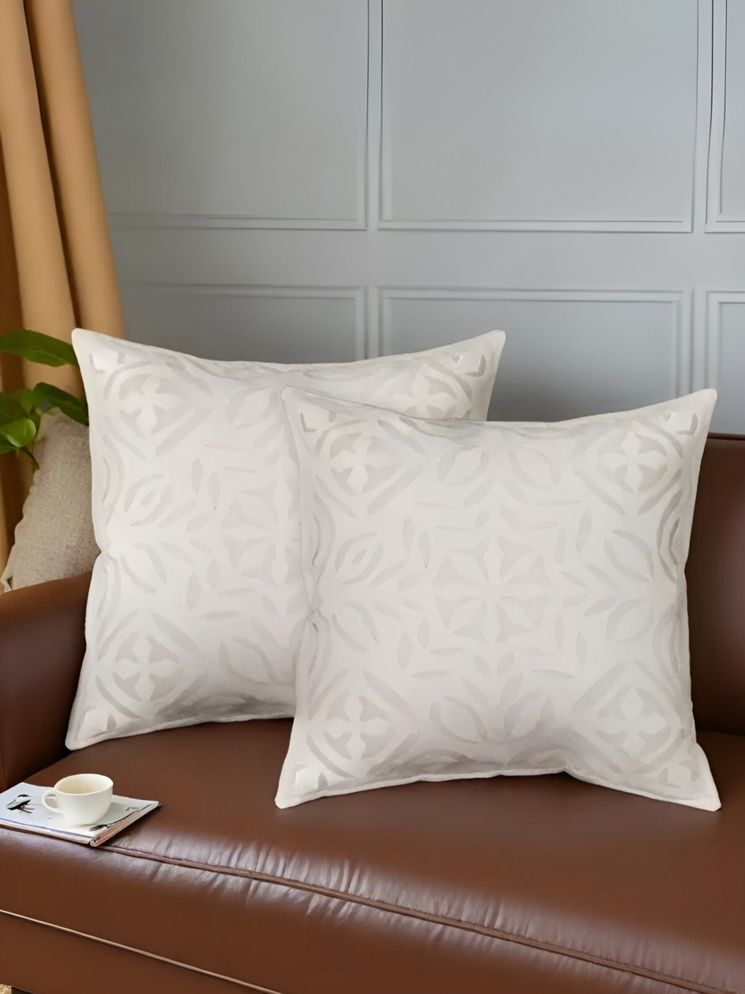 Peepul Tree White Set of 2 Floral Square Cushion Covers