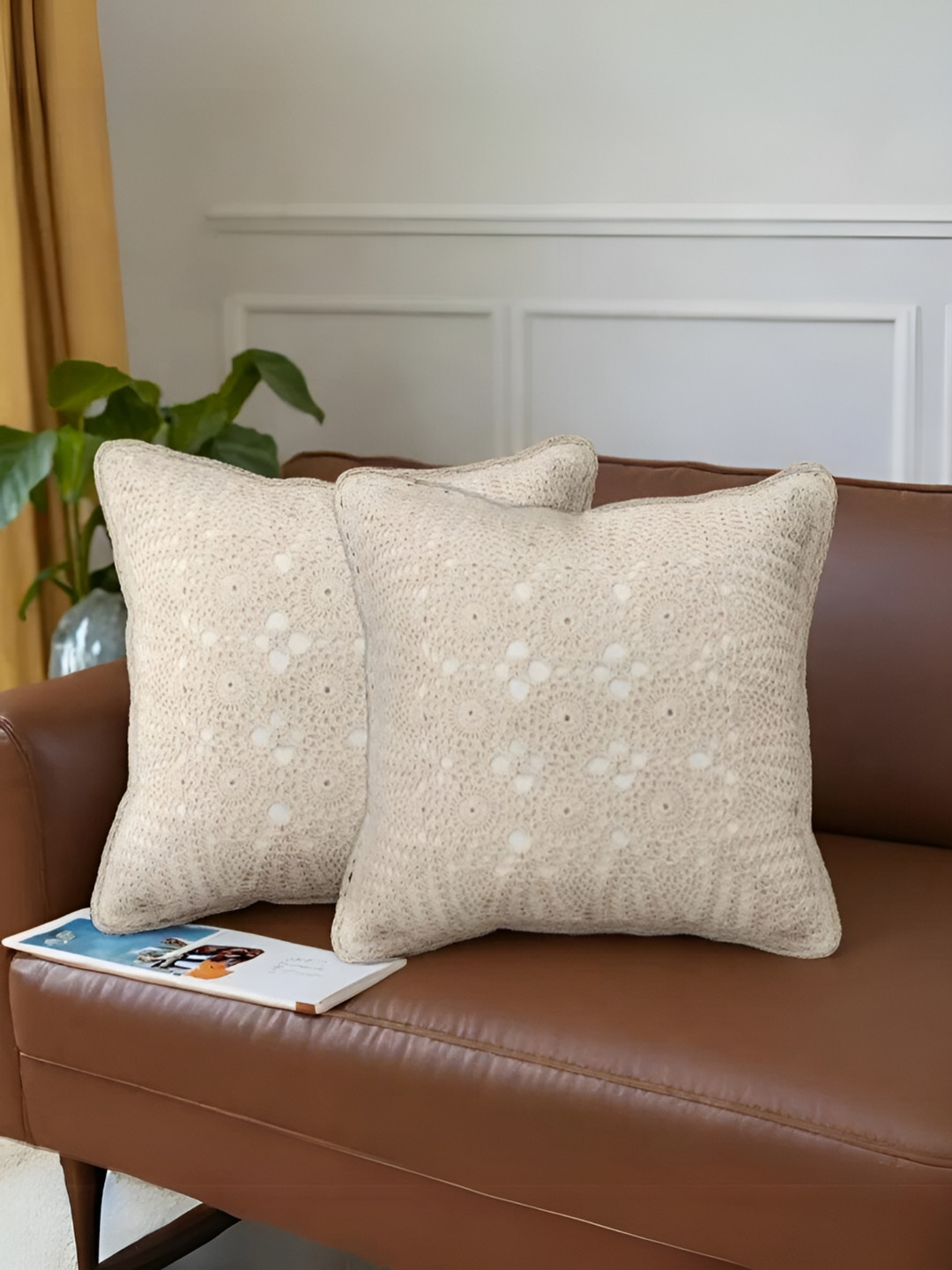 Peepul Tree Off White Set of 2 Floral Square Cushion Covers