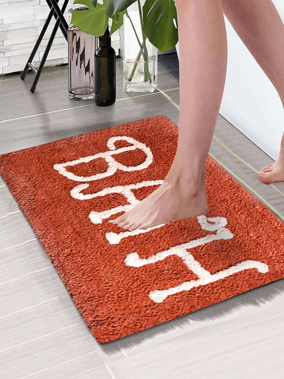Aura Peach-Coloured Typography Rectangular Anti Skid 1850 GSM Bath Rug