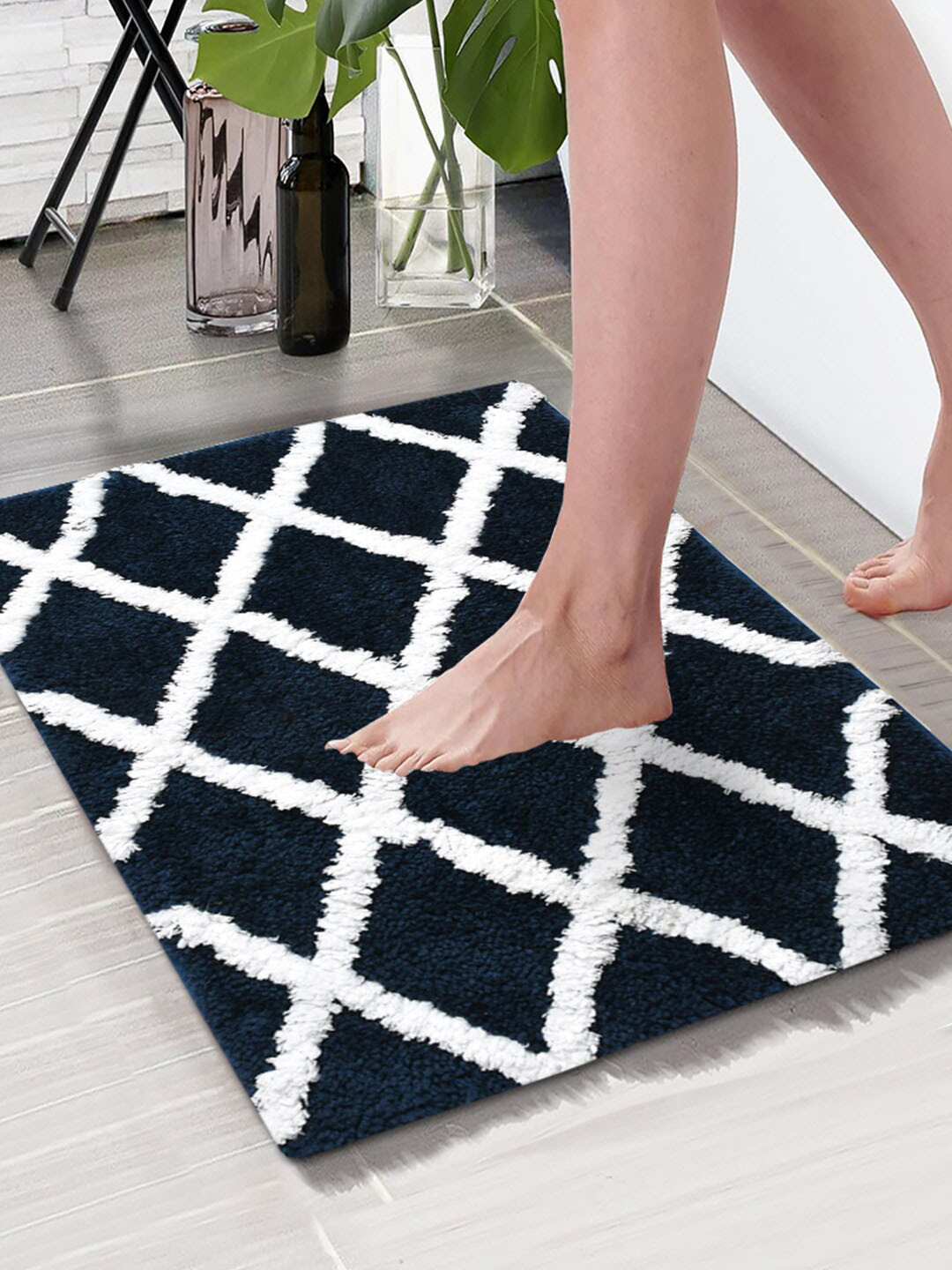 Aura Navy Blue Geometric Rectangular Anti Skid 1850 GSM Bath Rug