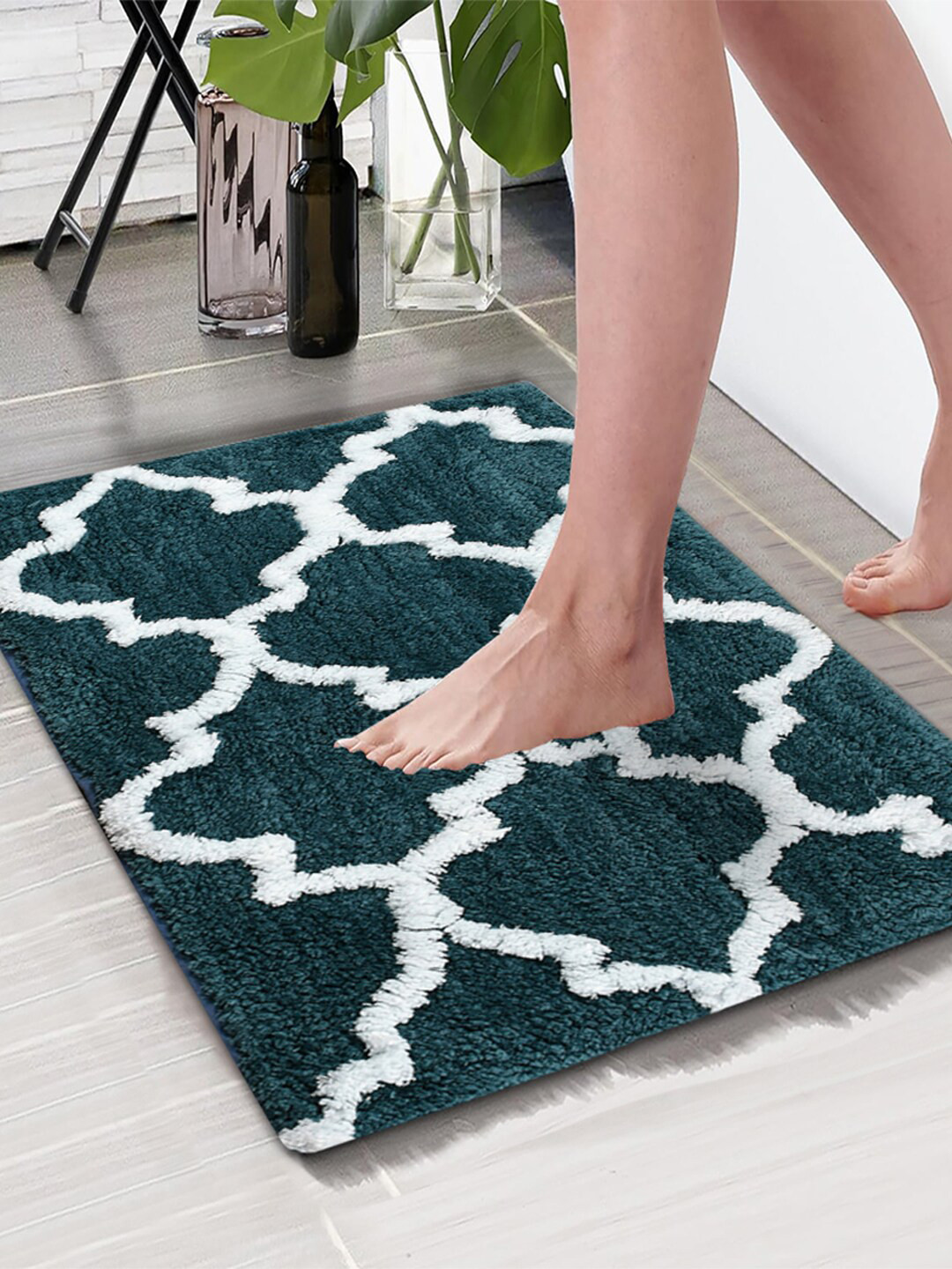 Aura Teal Green Printed 1850 GSM Rectangular Anti Skid Bath Rugs