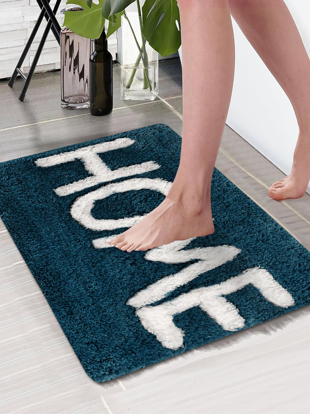 Aura Teal Blue Rectangular 1850 GSM Printed Microfiber Bath Rug