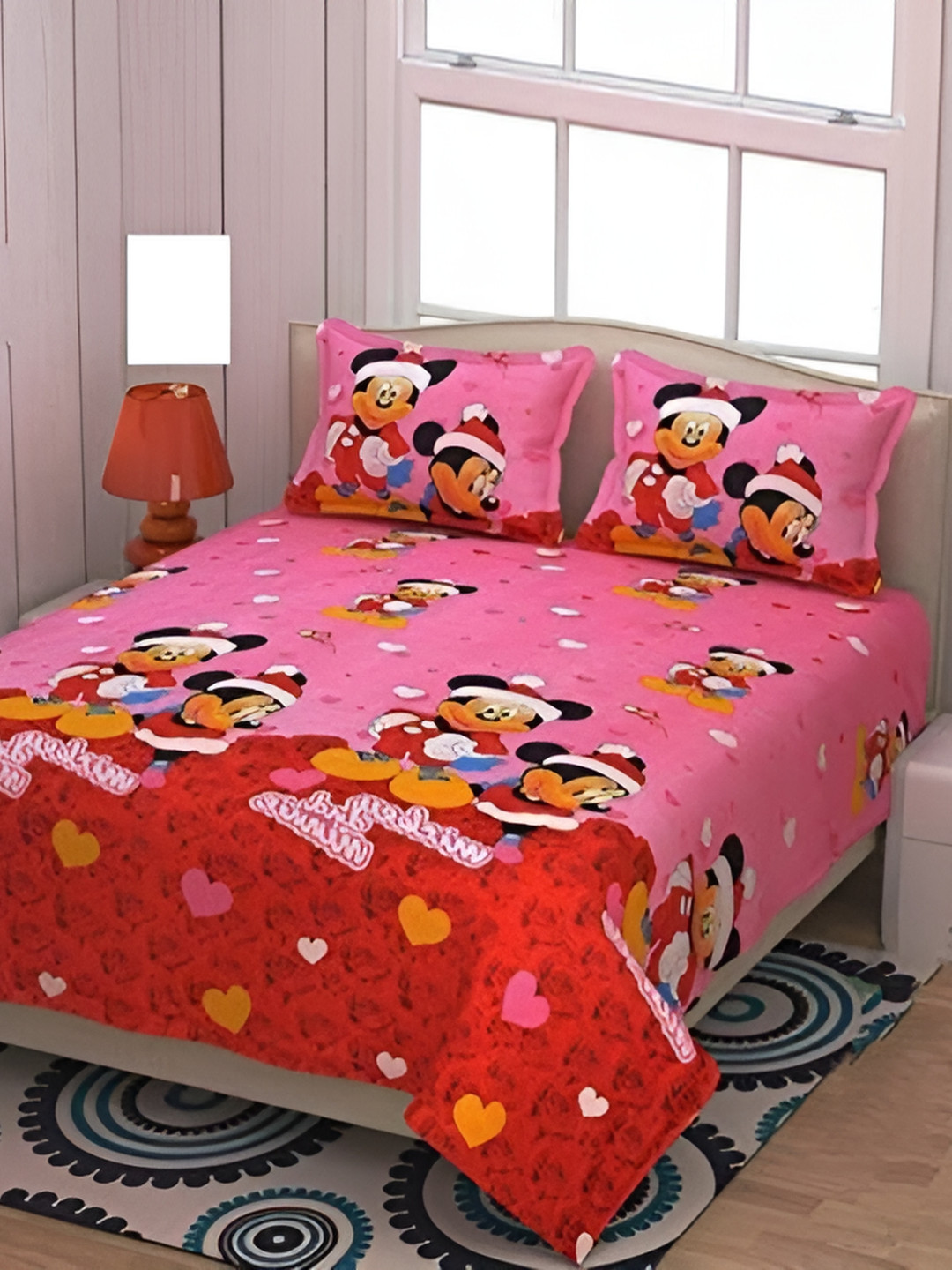 Supreme Home Collective Pink Cartoon Characters Microfiber 144 TC Queen Bedsheet with 2 Pillow Covers-90 x 90 inches