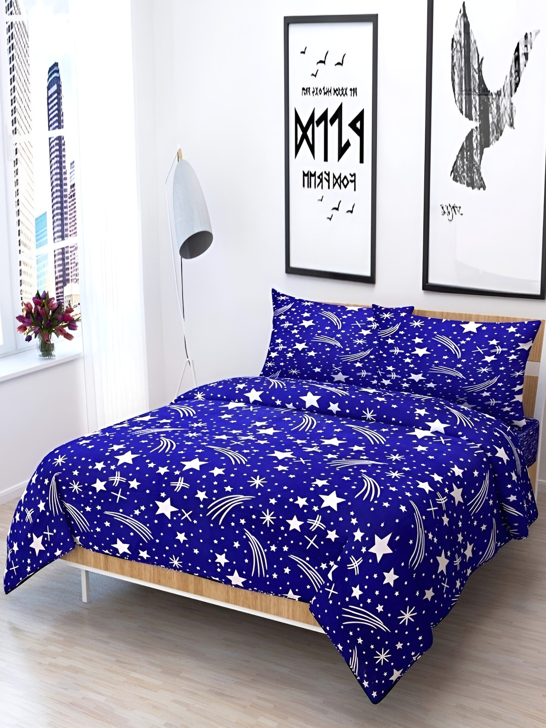 Supreme Home Collective Blue Conversational Microfiber 144 TC Queen Bedsheet with 2 Pillow Covers-89 x 79 inches