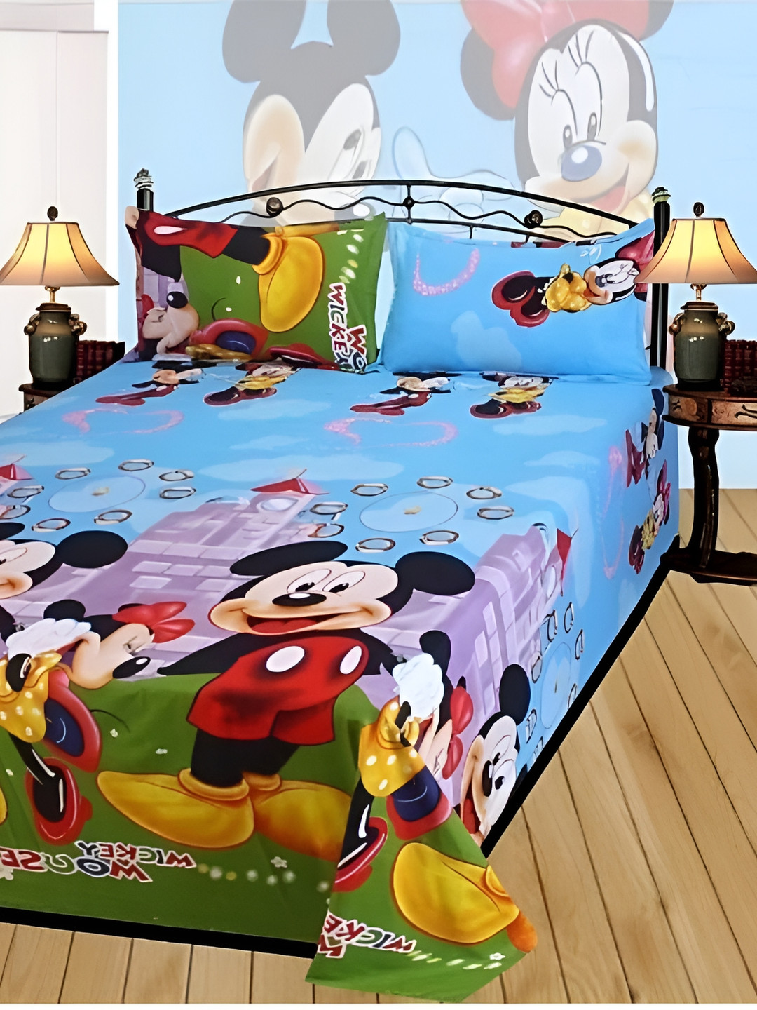 Supreme Home Collective Blue Cartoon Characters Polycotton 144 TC Queen Bedsheet with 2 Pillow Covers-91 x 91 inches