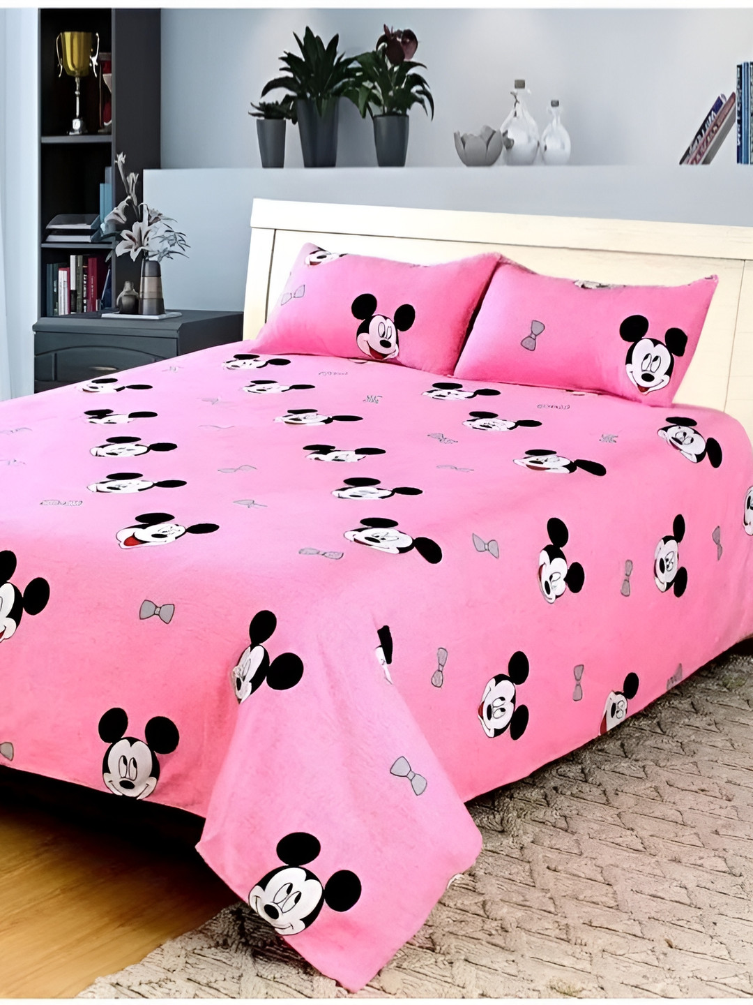 Supreme Home Collective Pink Cartoon Characters Microfiber 144 TC Queen Bedsheet with 2 Pillow Covers-91 x 91 inches