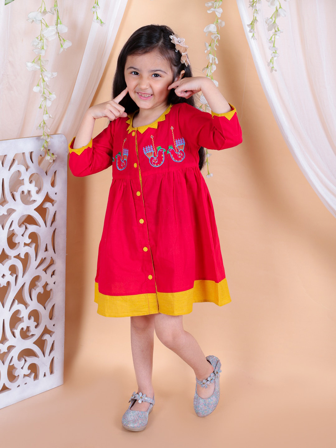 BownBee Girls Round Neck Long Sleeves Embroidered Pure Cotton A-Line Dress