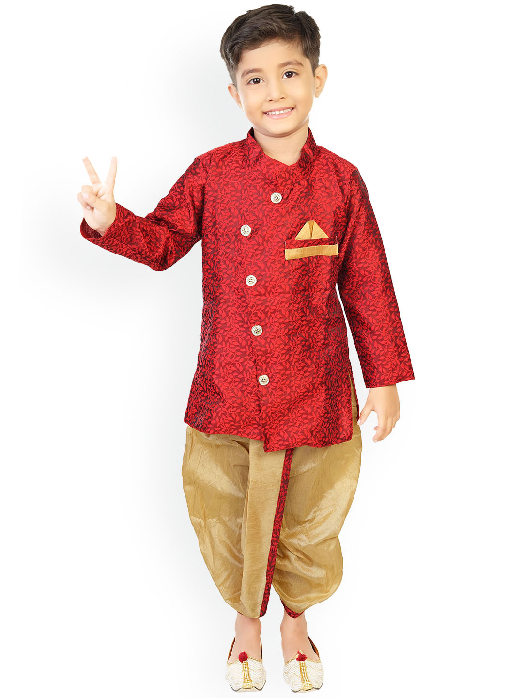 BAESD Boys Floral Printed Regular Dupion Silk Kurti with Dhoti Pants