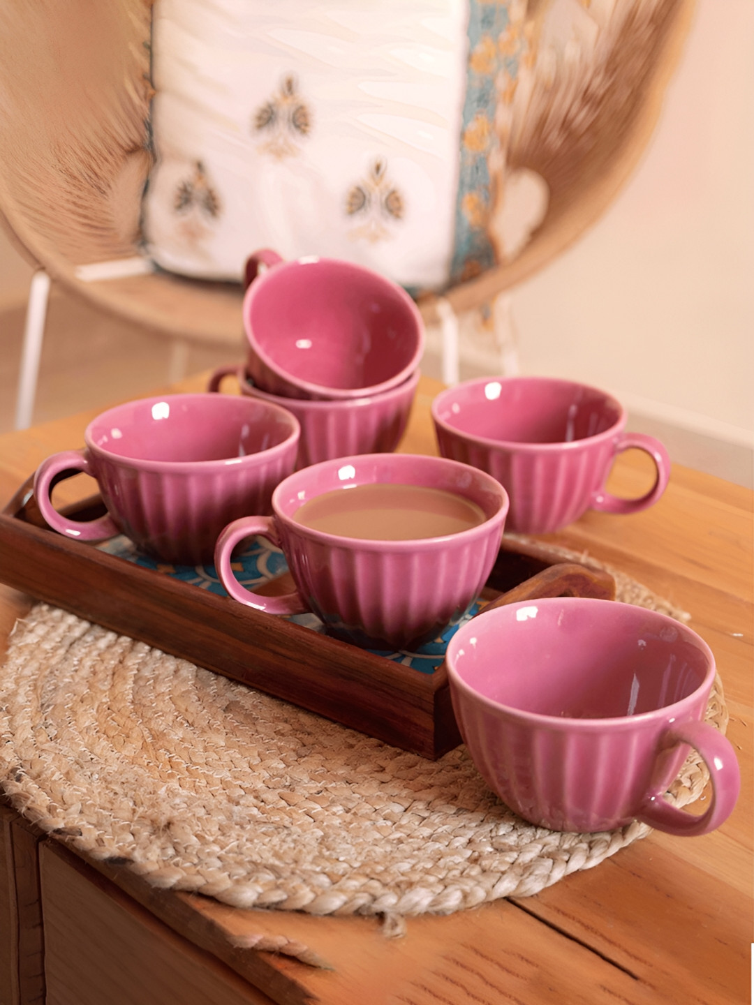 ARAVALII Pink Textured Ceramic Microwave Safe 6 Piece Mugs-250ml