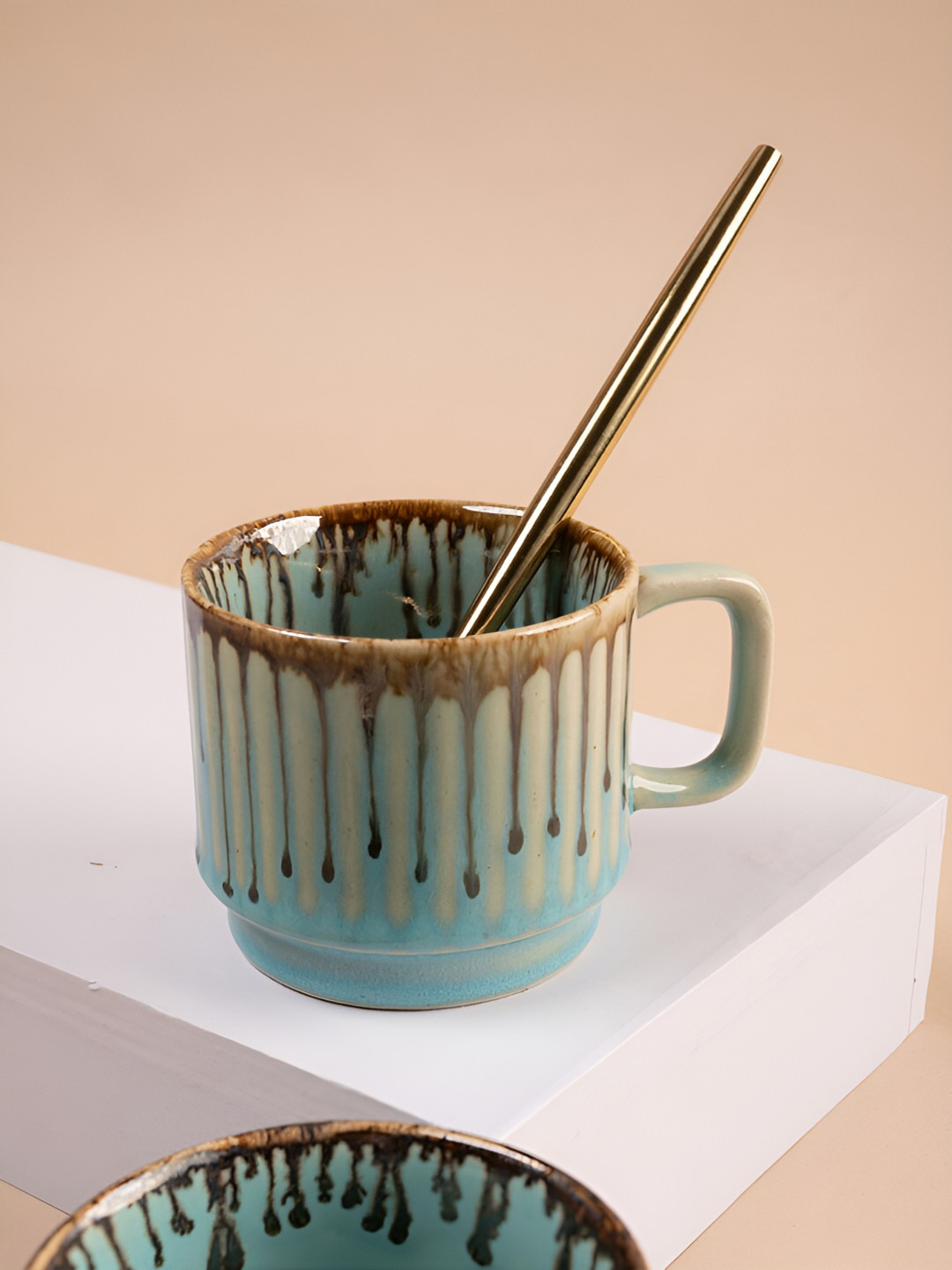 ARAVALII Haresh Name Personalised Blue Textured Ceramic Microwave Safe 4 Piece Mug with Stirrer-150ml