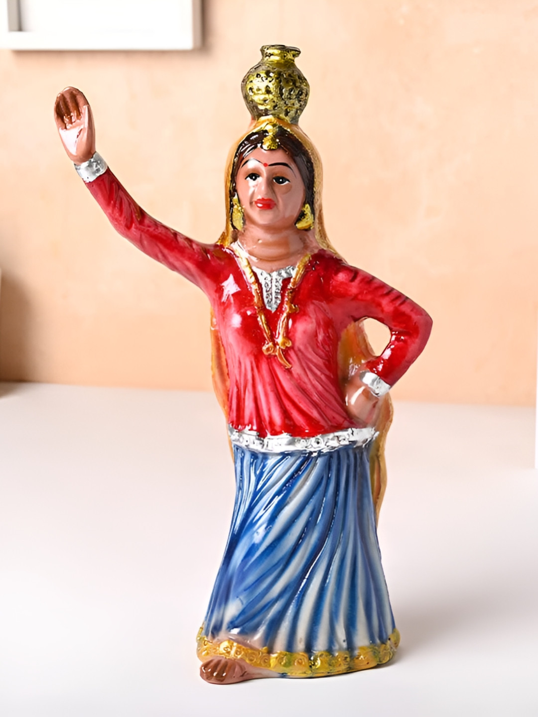 Floweraura Punjabi Women with Matki Red Polyresin Natural Living Room Small Showpiece - 9.8 Inches