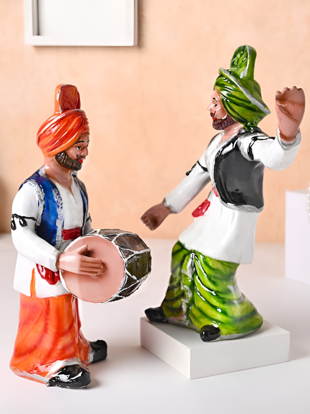 Floweraura Orange & White 2 Pieces Punjabi Men Bhangra Dancing Figurine Showpiece