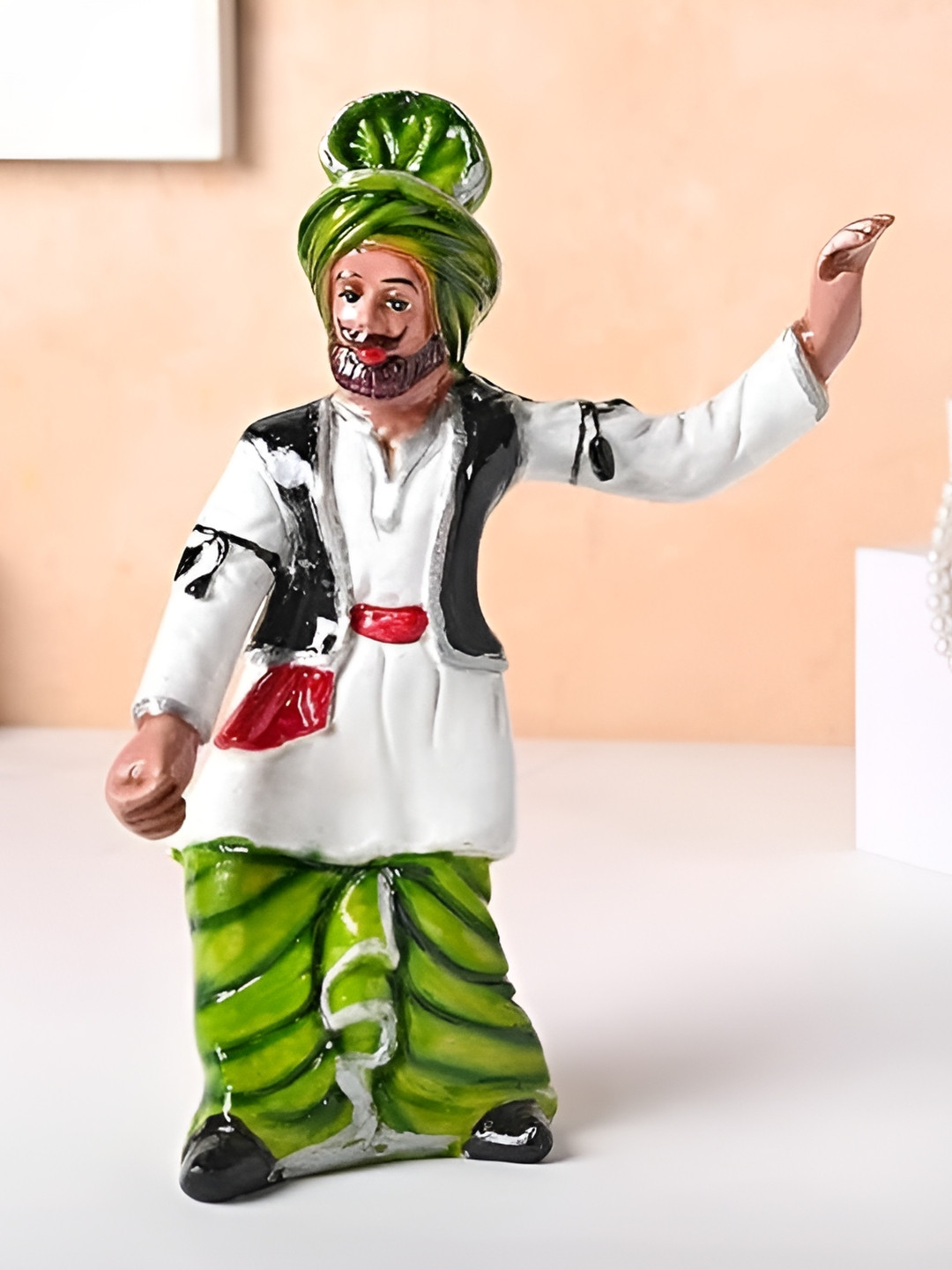 Floweraura White & Green Punjabi Men Bhangra Dancing Figurine Showpiece