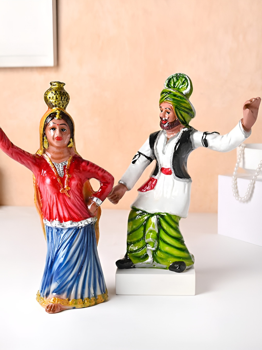Floweraura Blue & Red 2 Pieces Punjabi Bhangra Dancing Couple Figurine Showpiece