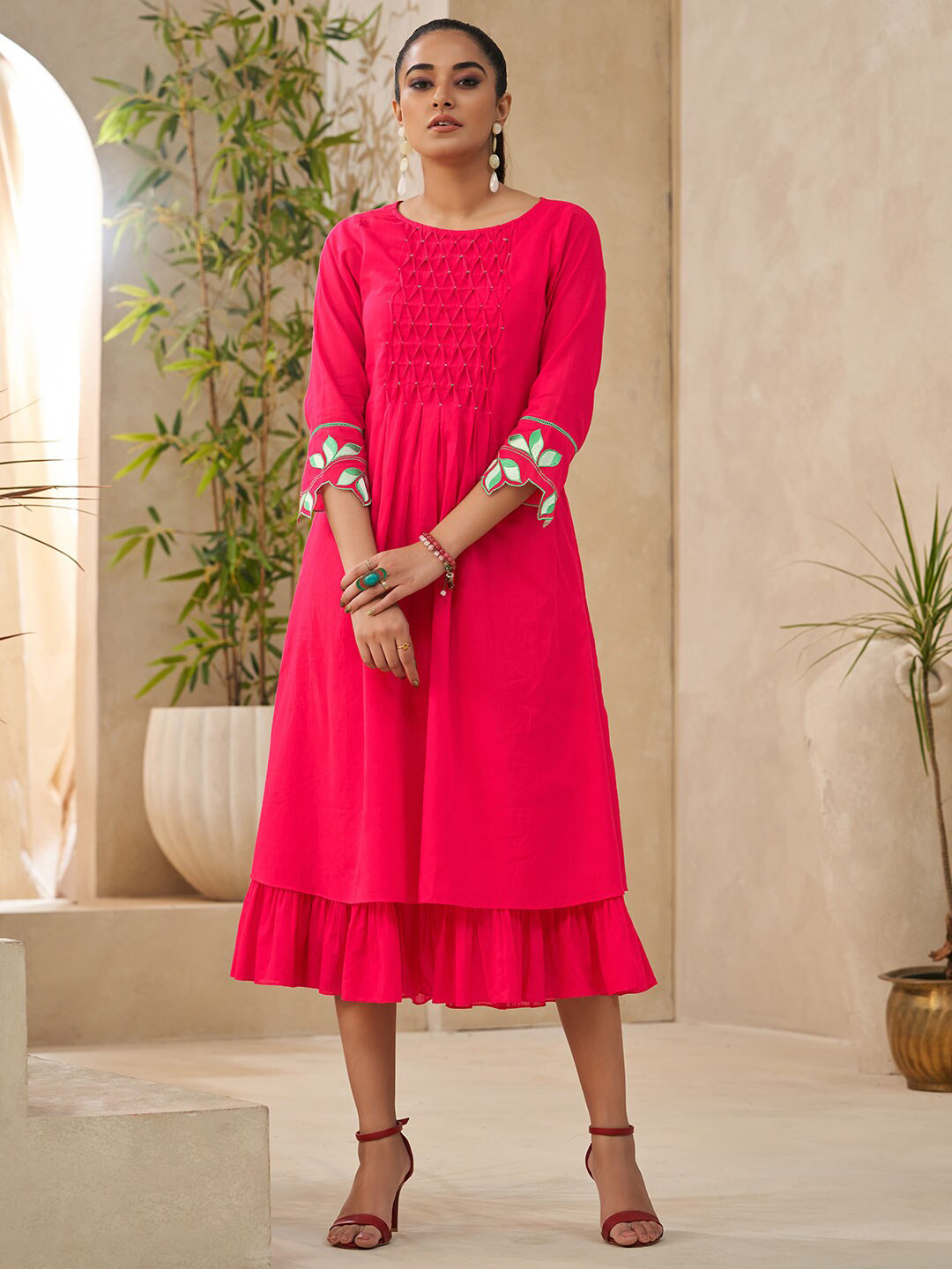 DRESOUL Embroidered Smocking Detailed Fit and Flare Ethnic Dress