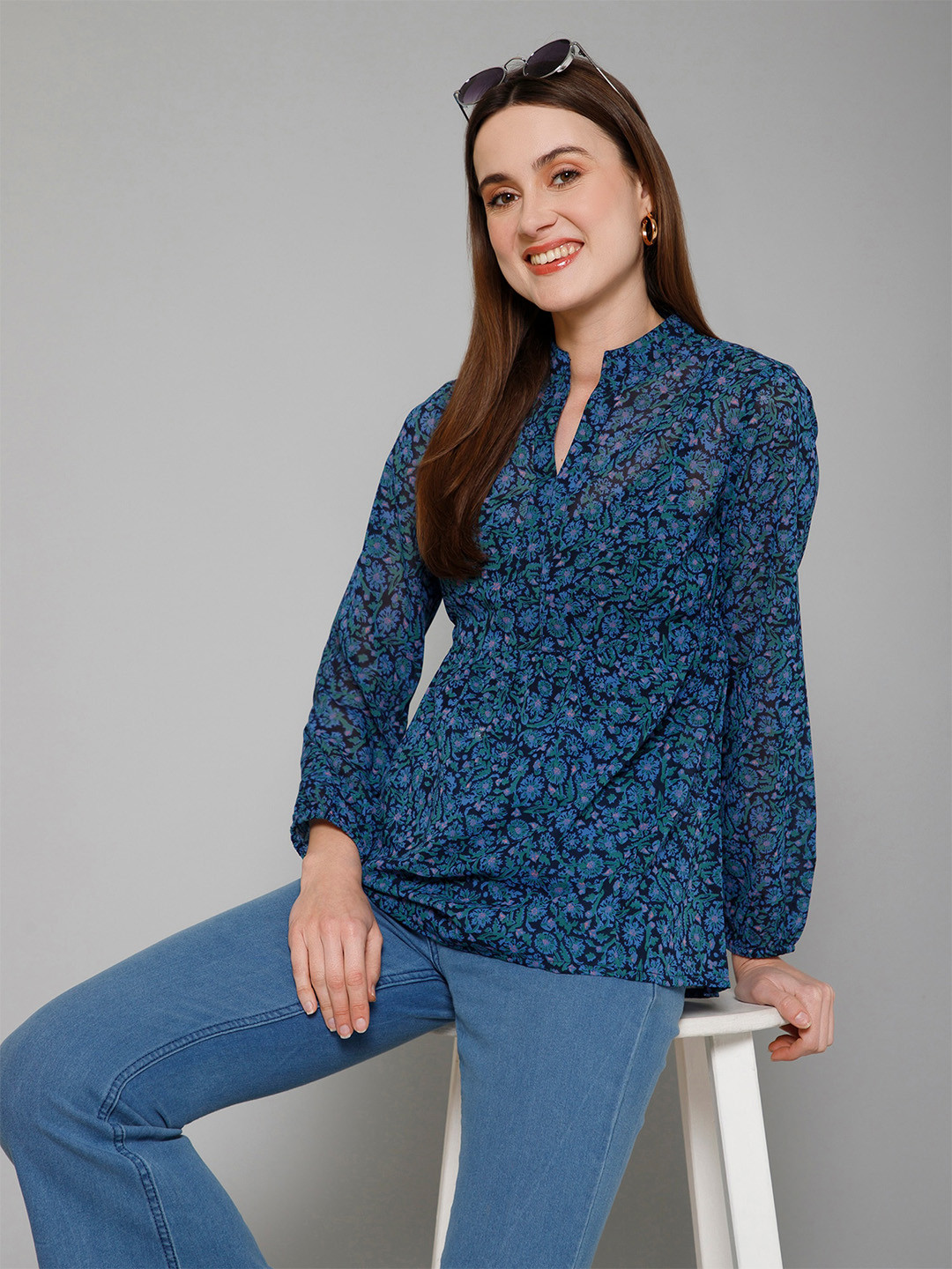 PURYS Blue Floral Print High Neck Georgette Top