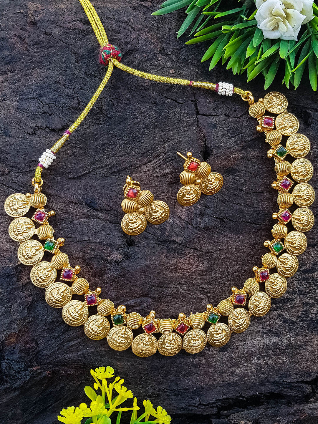 GRIIHAM Gold-Plated CZ Studded Coin Laxmi Temple Jewellery Set