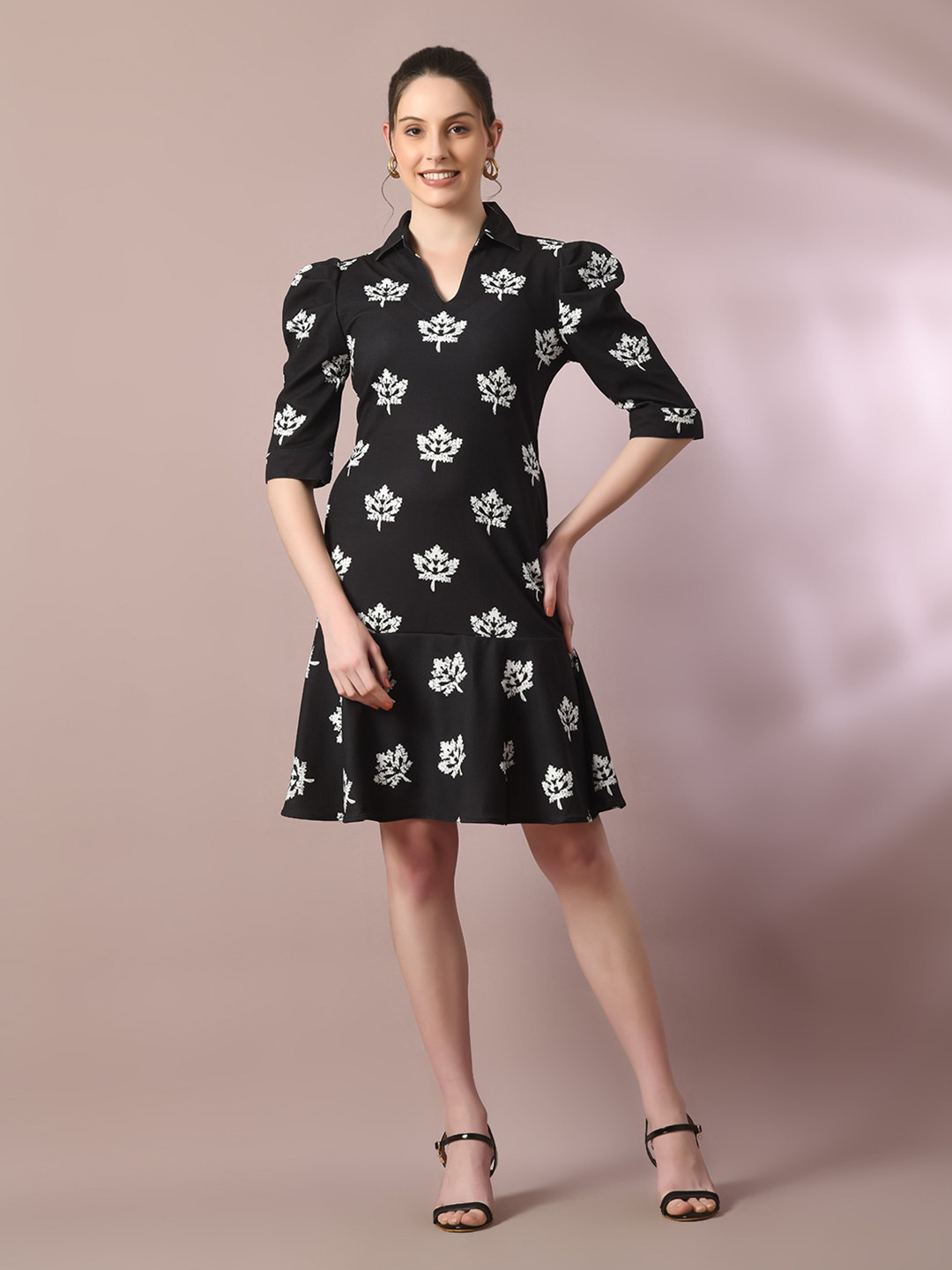 HERE&NOW Valentino Black Floral Printed Shirt Collar Puff Sleeves Crepe A-Line Dress