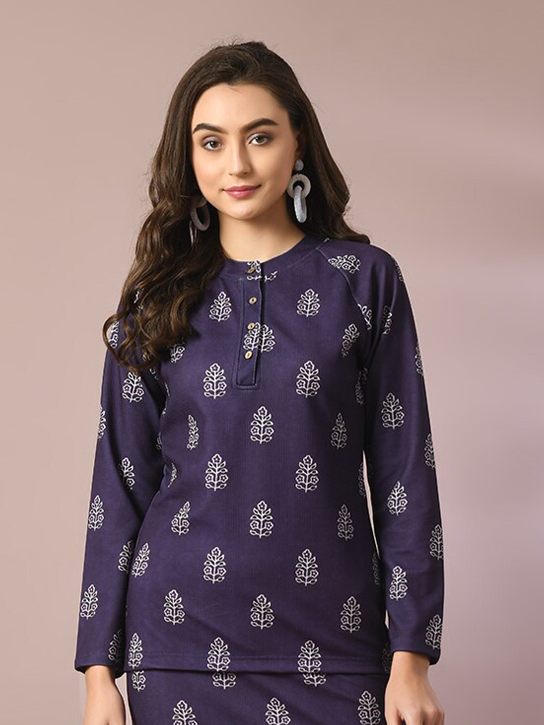 HERE&NOW Valentino Navy Blue & White Floral Printed Raglan Sleeves Crepe Top