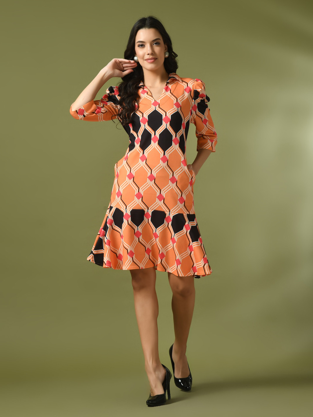 HERE&NOW Valentino Orange-Coloured Geometric Printed Puff Sleeves Crepe A-Line Dress